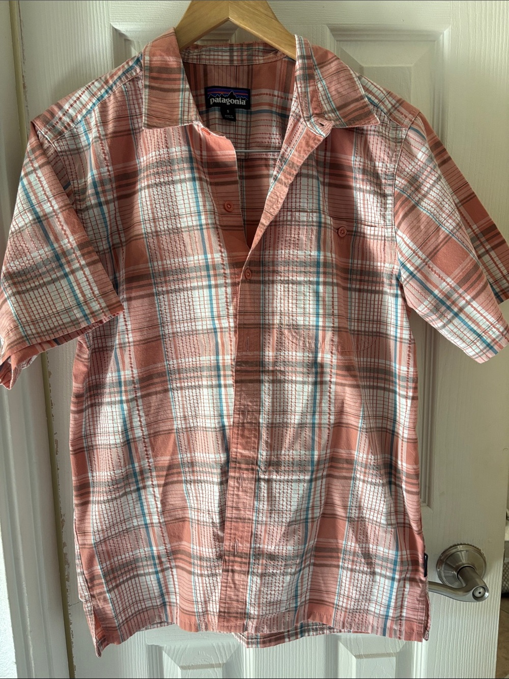 Patagonia Men’s Short-Sleeve Plaid Button-Down — Coral, Turquoise & White